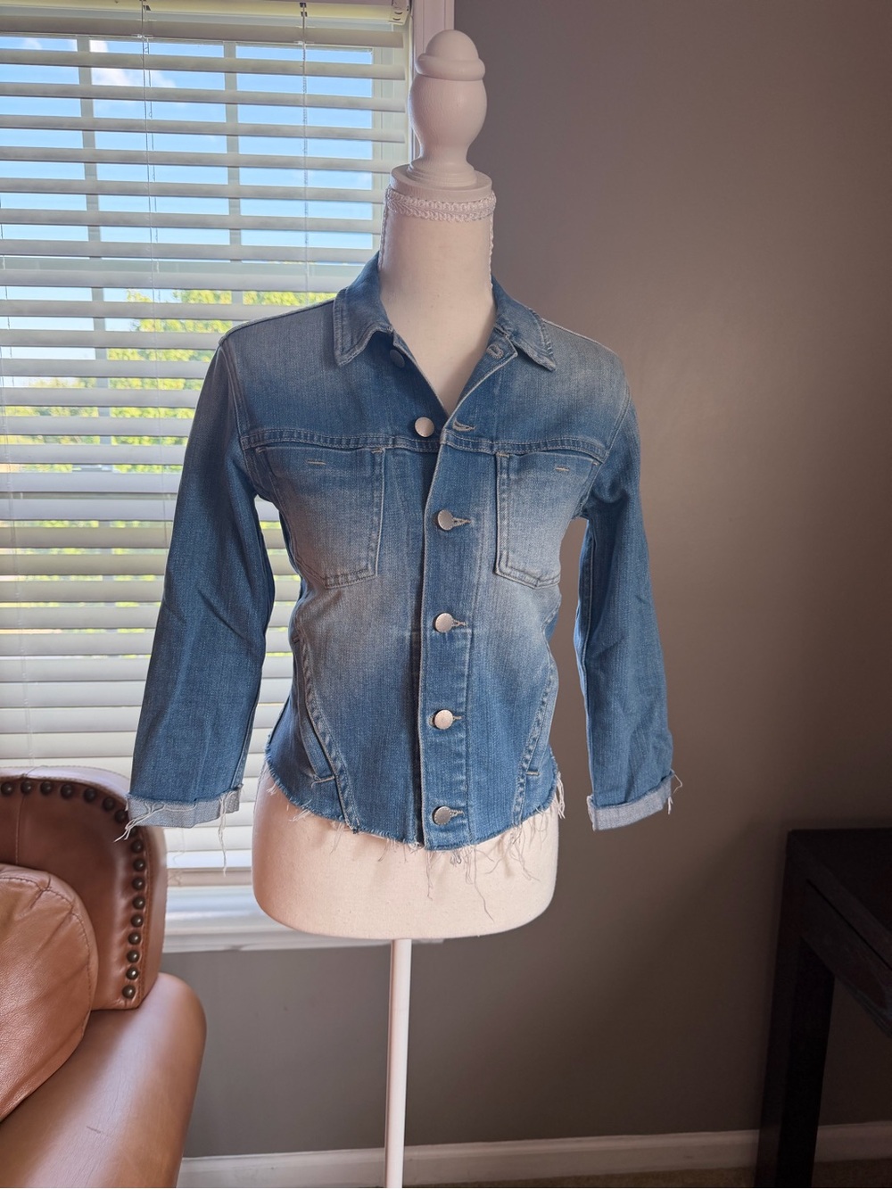 L'AGENCE Blue Denim Jacket with Frayed Hem